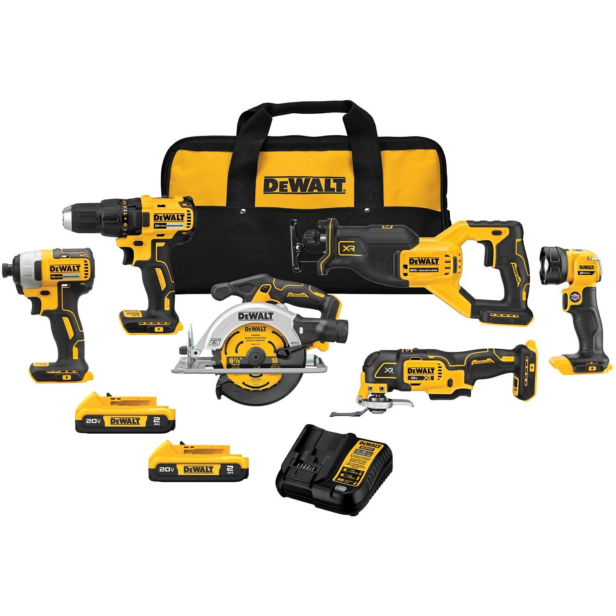 DEWALT, 20V MAX* Brushless Cordless 6-Tool Combo Kit, Chuck Size 1/2 in, Drive Size 1/4 in, Tools Included (qty.) 6 Model# DCK675D2